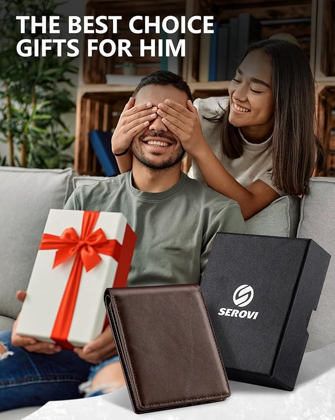 Mens Genuine Leather Bifold RFID Blocking Wallet with 14 Card Slots, ID Window & 2 Cash Pocket - Includes Gift Box