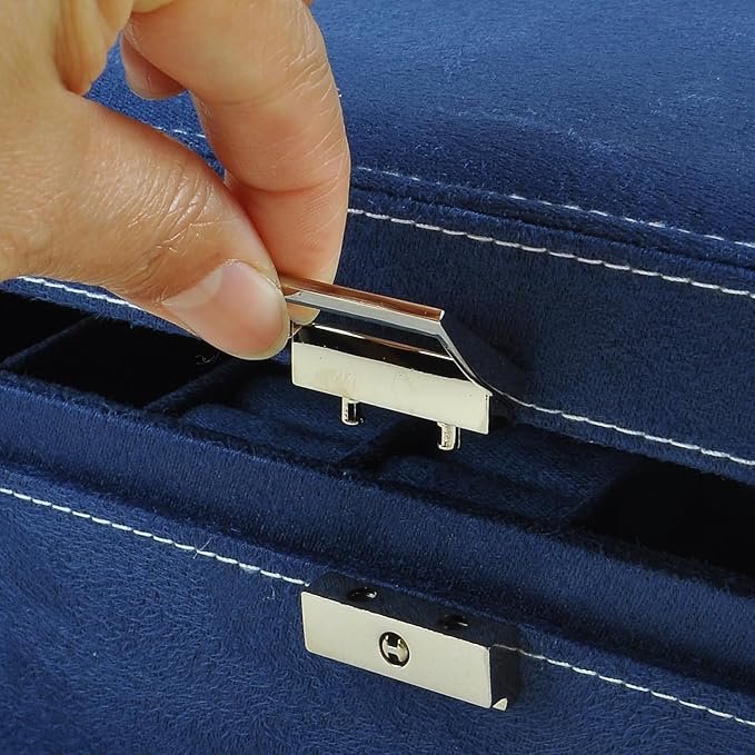 Jewelry Boxes 10 x 10 Inches 2-layer Handle Necklace Holder Organizer Jewellery Women Rings Storage Display Girls Earrings Case Lockable Jewelry Tray GY641 (Navy)