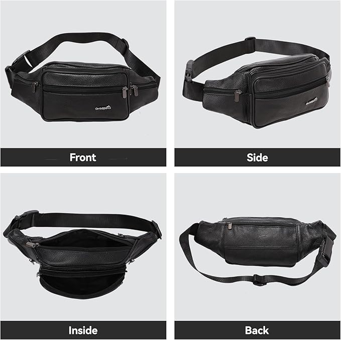 Genuine Leather Fanny Pack For Men and Women Multiple Pockets Waist Bag with Adjustable Strap for Travel Casual Sports Hiking Cycling Fishing Running Black Belt Bag