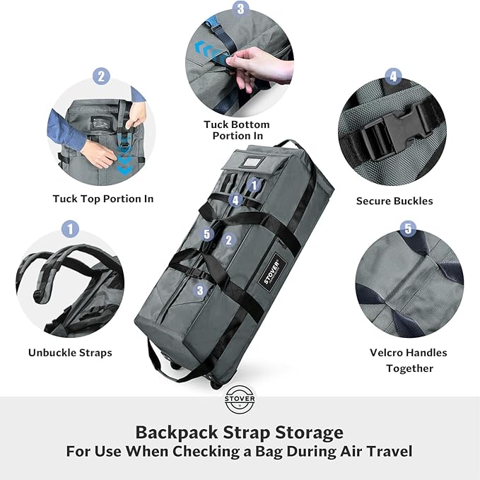 STOVER 80L Rolling Duffel Bag with Wheels, Extra Large 31 Inch Durable Travel Duffle Bag- Rugged, Collapsible, Rollable Design w/Shoulder Straps- Use as Luggage or Backpack for Men/Women (Grey)