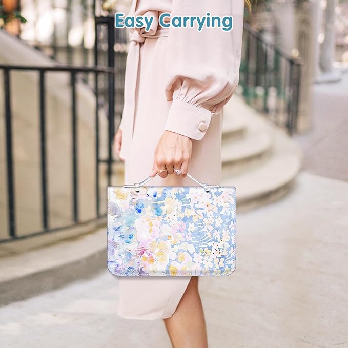 Jewelry Travel Organizer Case, PU Leather Portable Jewelry Storage Book with Transparent Pockets Zipper Bag for Necklaces, Earrings, Bracelets(48 Grids+48 Thicken PVC Bags),WatercolourBlossoms