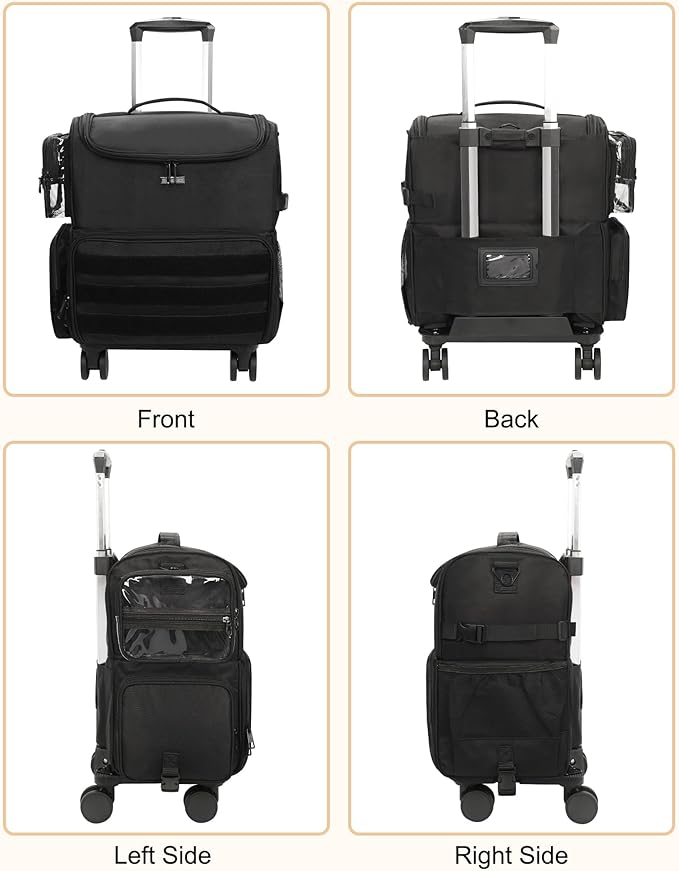 Relavel Rolling Makeup Train Case, Cosmetology Case on Wheels with 4 Clear Bags and Clear Makeup Bag, Professional Makeup Artist Set Bags Organizer with 360° Spinner Wheels