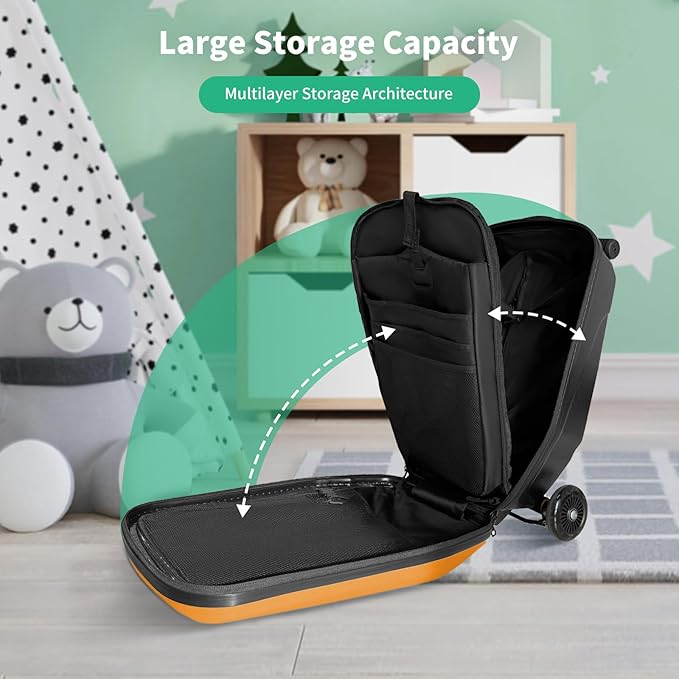 Scooter Hardshell Kids' Luggage, Foldable Carry on Kids Suitcase with Telescopic Handle for Travel, Multifunctional Ride On Lightweight Luggage with Wheels, Vitality Orange