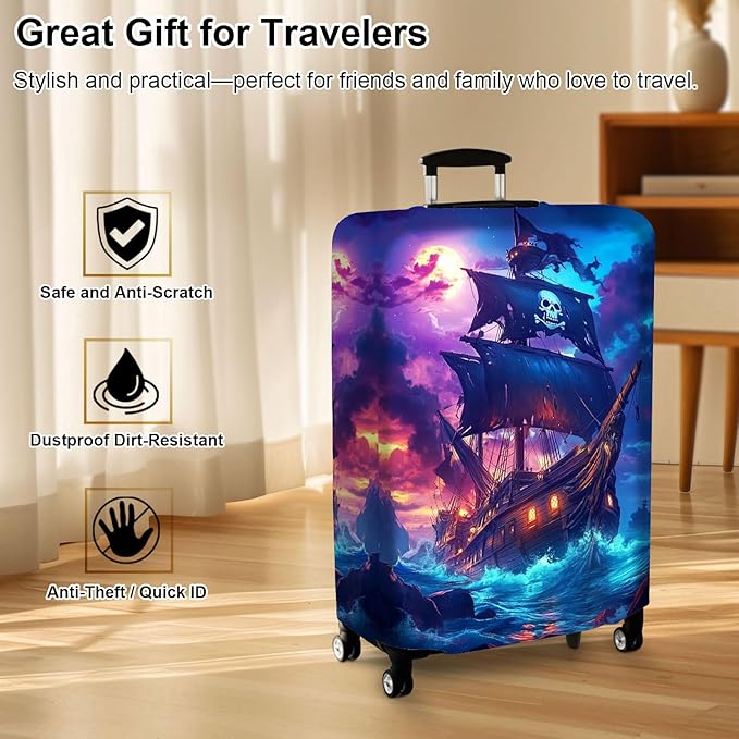 Luggage Cover Protector for 30-32 Inch Suitcases, TSA Approved Elastic Travel Suitcase Covers, Anti-Scratch Washable Luggage Sleeve for Carry On & Checked Bags, Pirate Ship