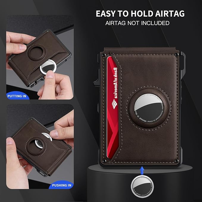 Airtag Wallet for Men, Mens Smart Wallet for Air Tag RFID Blocking, Minimalist Bifold Pop Up Aluminum Credit Card Case Holder 12+ Cards with ID Window, Gift for Men, No Airtag Included, Coffee Brown