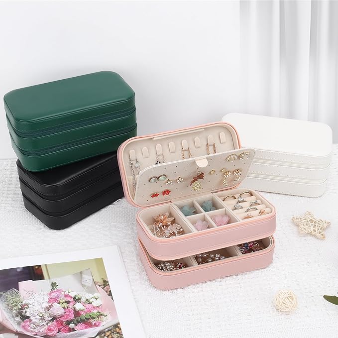 DesignSter Small Travel Jewelry Box with Double Zipper, 2 Layers PU Portable Jewelry Case for Women and Girls,Travel Jewelry Organizer for Rings, Earrings, Necklaces, Bracelets,Pink