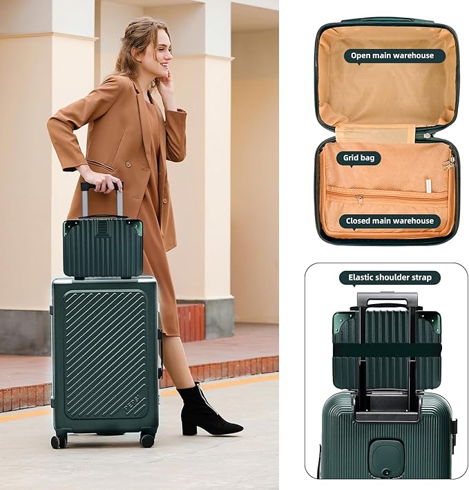 Dark Green 14inch Hard Shell Cosmetic Organizer Travel Train Hand Luggage Small Portable Carrying Suitcase Makeup Case Bag for Women Toiletry