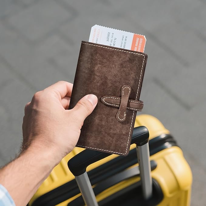 Leather Passport Holder for Travel Women Men, RFID Blocking Card Slot, Top-Grain leather with Magic Buckle, Boarding Pass Pocket,Retro Passport Wallet,khaki