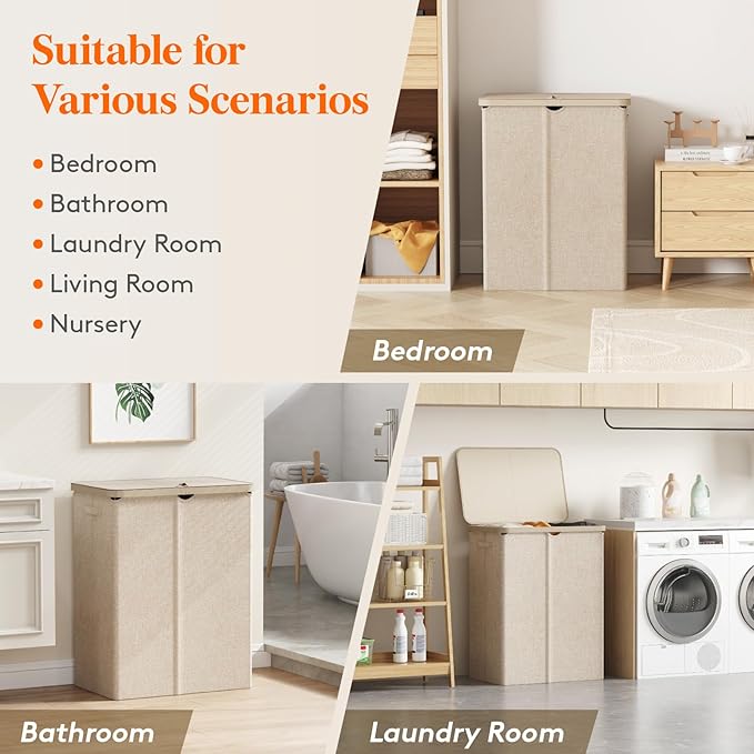 Lifewit 165L Laundry Basket with Lid, Large Laundry Hamper with Plastic Handles and Removable Bag, Foldable Tall Dirty Clothes Hampers for Laundry for Laundry Room, Bedroom, Bathroom, Dorm, Beige