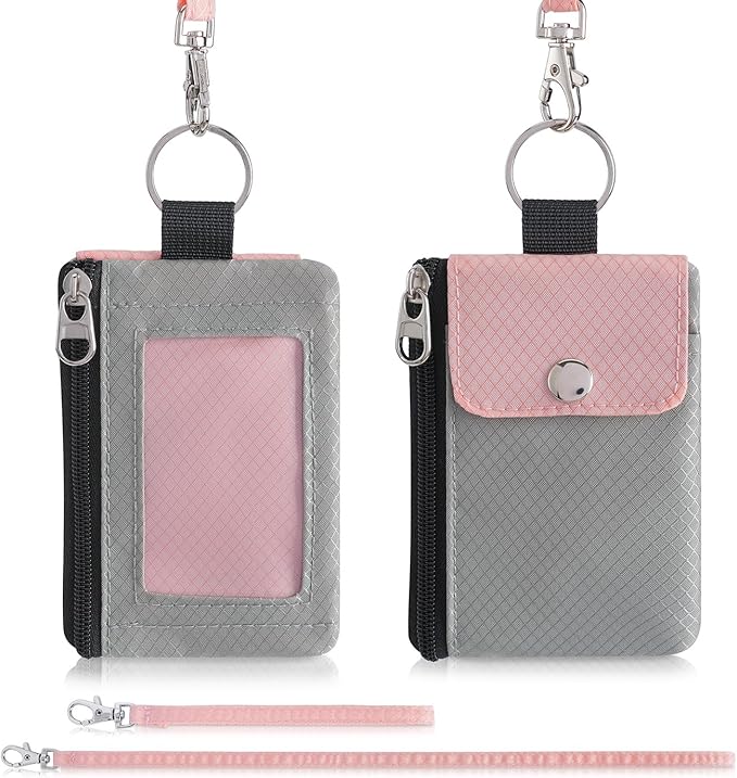 Minimalist Wallet For Mens Womens, Keychain RFID Blocking Zipper Small Wallet with ID Window 2 Lanyards,Water Resistant Travel Cash Card Coin Case Boys Girls