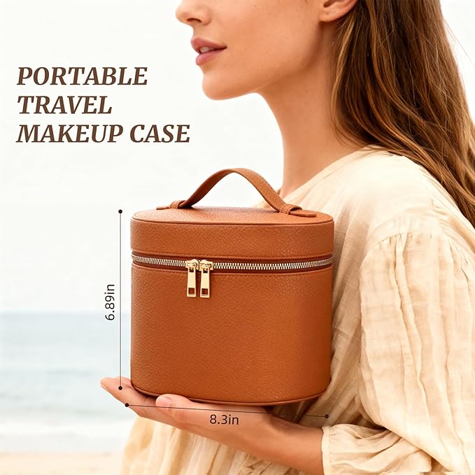Makeup Case for Women,Travel Make Up Bag Organizer With Compartments and Handle,Portable Cosmetic Bags for Girl,Toiletry Bag for Women - Brown