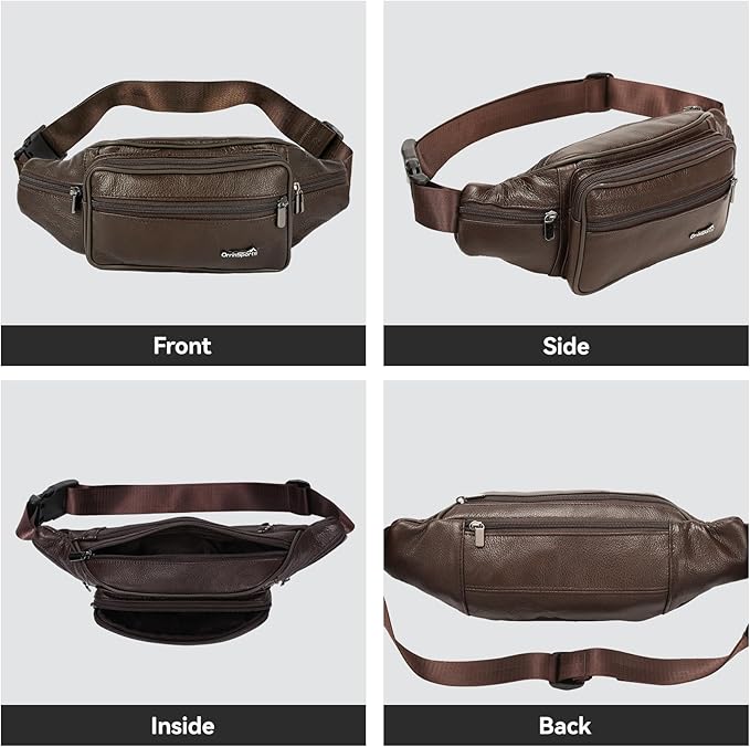 Genuine Leather Fanny Pack For Men and Women Multiple Pockets Waist Bag with Adjustable Strap for Travel Casual Sports Hiking Cycling Fishing Running Brown Belt Bag