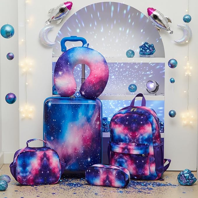 Redbaker 6 Pcs Kids Luggage Set 17 Inch Kids Rolling Luggage Double Pattern Suitcase for Girls Boys School Gift(Blue Purple,17 Inch,Starry Sky Style)