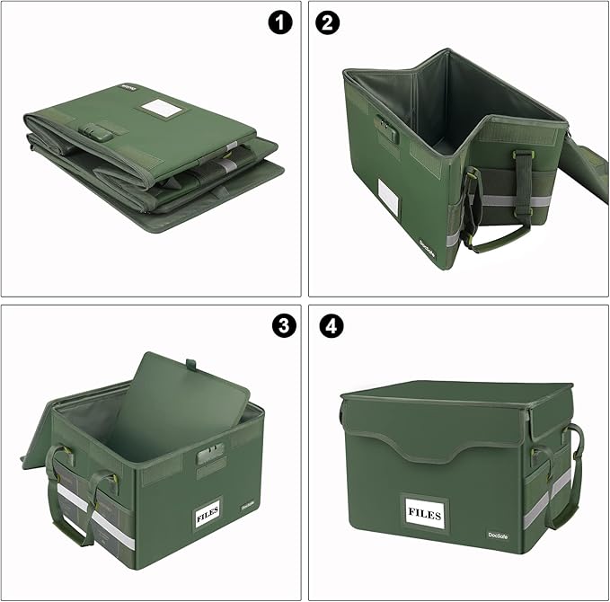 DocSafe Fireproof Document Box with Lock,File Storage Organizer with Mesh Pockets&Lid,Collapsible Portable File Box Home Office Safe Filing Cabinet with Handle for Hanging Letter/Legal Folder,Green