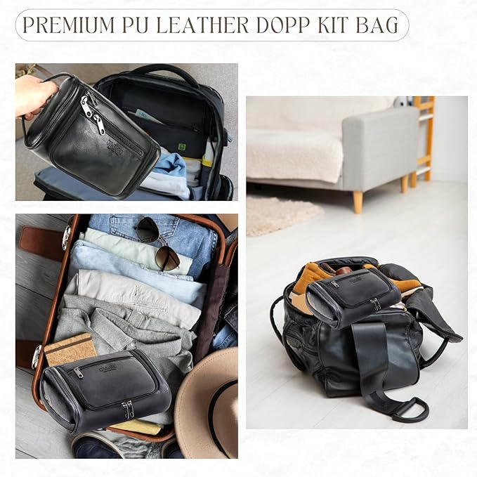 Mens Toiletry Bag, Water-resistant Dopp Kit For Men Travel, PU Leather Toiletries Bag Shaving Kit, Compact Organizer With Wrist Strap, Grooming Essentials For Vacation, Gym & Camping๏ผBlack
