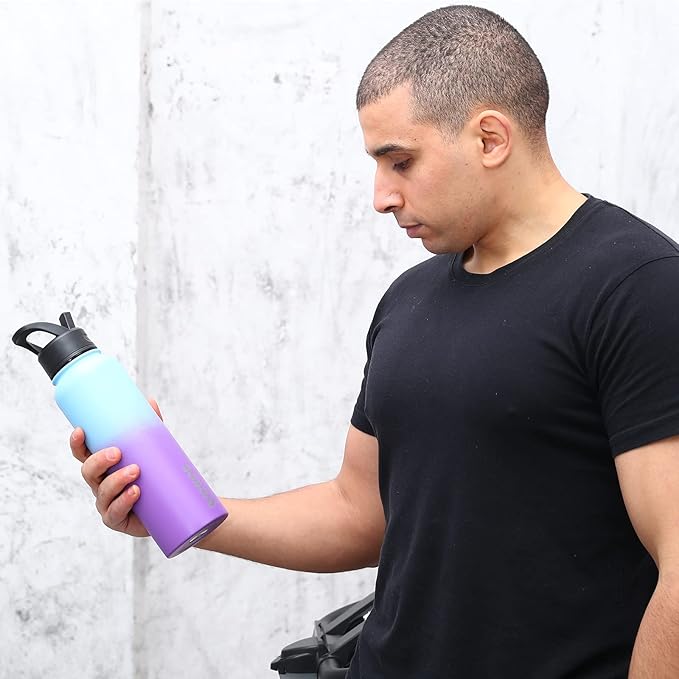 BJPKPK Insulated Water Bottles with Straw Lid, 40oz Stainless Steel Water Bottles with 3 Lids, BPA Free Leakproof Thermo, Tumblers, Cups for Sports- Wood Prussian Blue