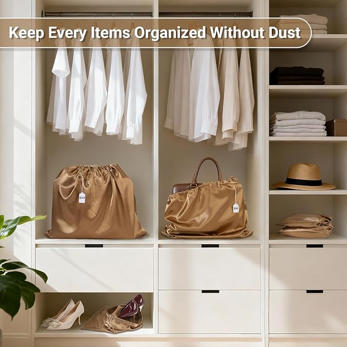 Ewen 7 Pack 23.6x19.6in Satin Drawstring Pouch with Blank Tags, Large Dust Bags for Handbags, Travel Essential Packing Bag, Dustproof Clothes Organizer for Closet Home Storage Accessories Organization