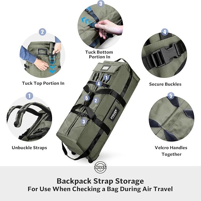 STOVER 100L Rolling Duffel Bag with Wheels, X-Large Durable Travel Duffle + Toiletry Bag, Heavy Duty, Packable with Shoulder Straps- Use as Luggage or Backpack, Men/Women (Green)