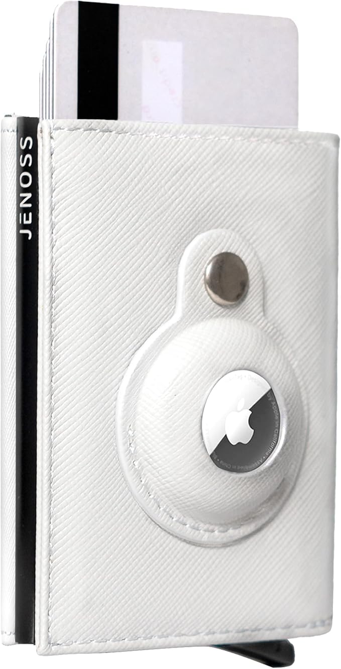 Jenoss Full Grain Leather Wallet for Men & Women – Slim RFID Blocking Smart Wallet with AirTag Pop-Up Case, Minimalist 9-12 Card Slots, ID & Cash Holder, Apple AirTag Tracker – White