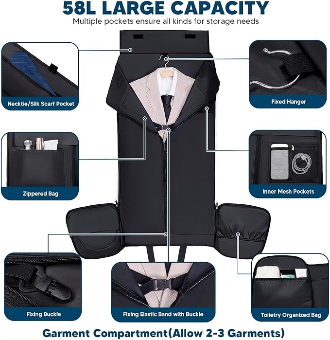 Garment Bags for Travel 58L Garment Bags Duffle Bag for Travel Convertible Carry On Garment Duffle Bag 4 in 1 Foldable Suit Bag with Shoes Compartment for Men Women Weekender,Dark Grey