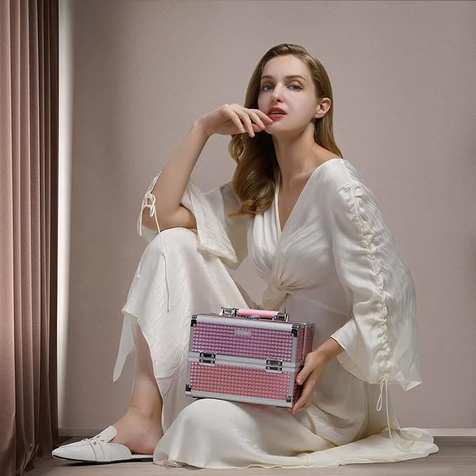 Joligrace Makeup Train Case Makeup Case Organizer Portable Cosmetic Box Storage with 2 Trays Mirror Locking Make Up Travel Case for Nail Kits Cosmetics Craft Traveling Makeup Box Mermaid Pink