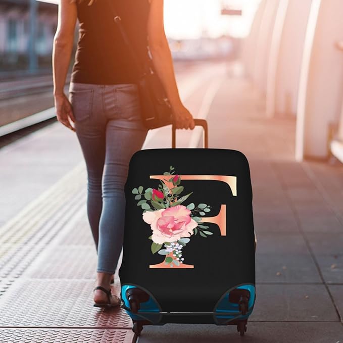 Floral Letter F Travel Luggage Cover Spandex Suitcase Protector Elastic Washable Stretch Suitcase Cover,Size XL(Fit 29-32inch Suitcase)