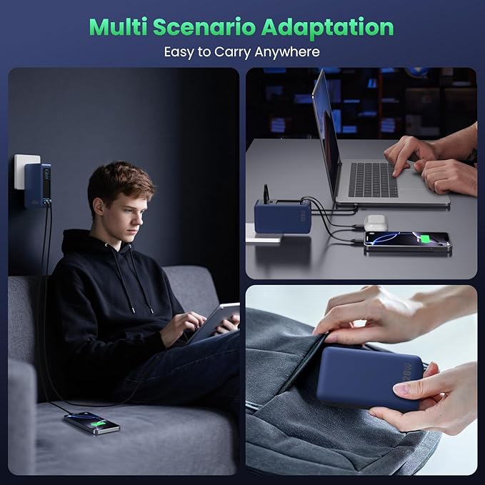 120W USB C Charger Block with 2 Built-in Retractable Cables,4-in-1 GaN IV Foldable Plug Wall Charger Fast Charging Station,PD 65W Laptop Adapter for Macbook/iPad,iPhone 17/16/15/14,Android (Dark Blue)