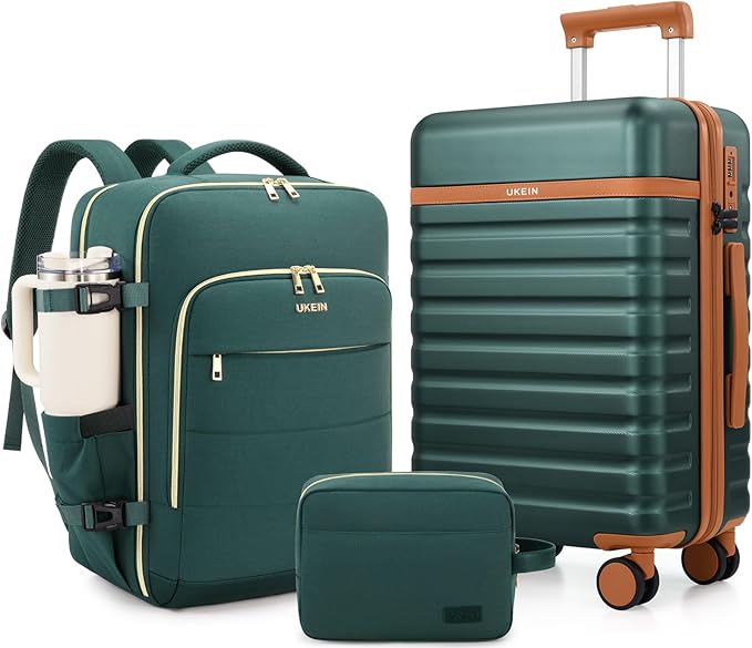 Luggage Sets 3 Piece, Carry On Luggage 20In With Spinner Wheels,PC Hardside Suitcase Set with TSA Lock,Durable Carry On Suitcase With Travel Backpack for Men (Dark Green, 3 piece set (BP/20inch))