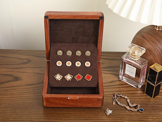 Solid Rosewood Cufflink Organizer Storage Box Genuine Wood Jewelry Case for 12 Cufflinks, Rings, Earrings Compact Travel Gift with Velvety Lining (Dark Brown/Light Coffee)