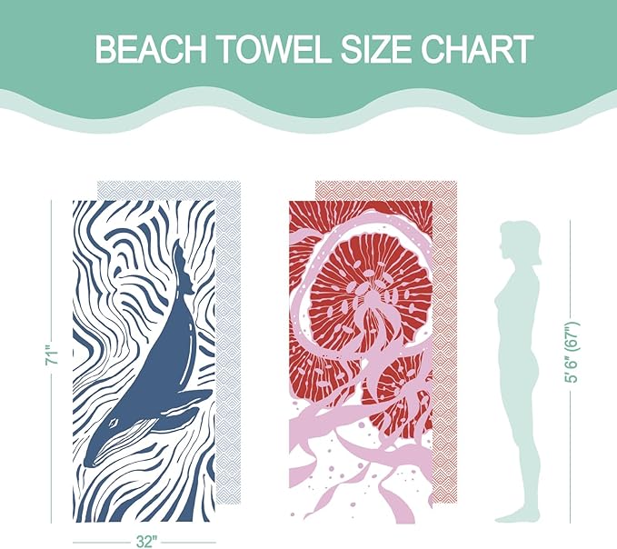 Eunzel 2 Pack Microfiber Beach Towel, Quick Dry Travel Towel Large Sand Free Towel for Beach, Camping, Swim Pool, Gym, Sports& Yoga 71"x32", Whale& Jellyfish