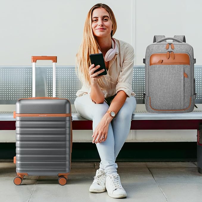 UKEIN Luggage Sets 3 Piece, PC Hardside Large Luggage 24 Inch With Spinner Wheels with TSA Lock, Carry On Suitcase Set With Travel Backpack (Grey, 3 piece set (24inch))