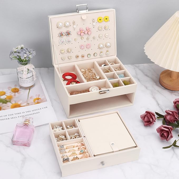DesignSter Jewelry Organizer Box, 2 Layers Large Jewelry Box with Travel Jewelry Case, Leather Jewelry Storage Case for Rings Earrings Bracelets Necklaces (Beige)