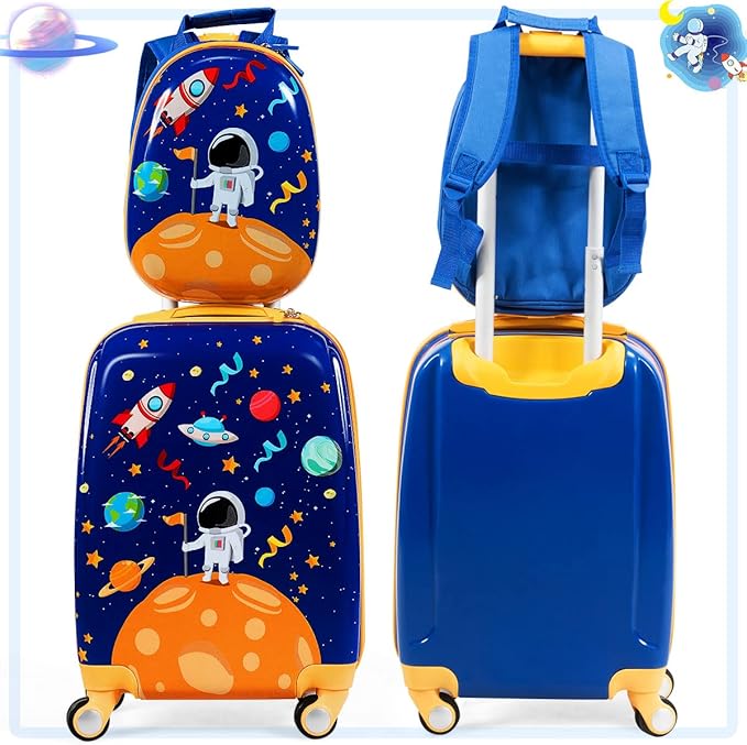 Goplus Kids Luggage Set, 12" & 18" Kids Carry On Luggage Set, Multi-directional Wheels Suitcase, Large Capacity Rolling Trolley Suitcase, Gift for Boys and Girls Toddlers Children Travel
