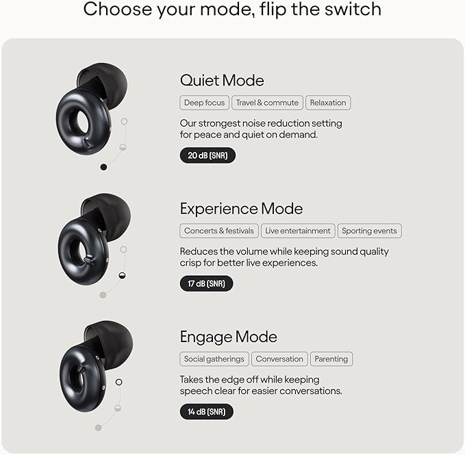 Loop Switch 2 Adjustable Ear Plugs - 3 Noise Relief Modes for Ultimate Control | Flexible Earplugs for Focus, Travel, Socializing, Festivals & More | 20-26 dB (SNR) Reduction