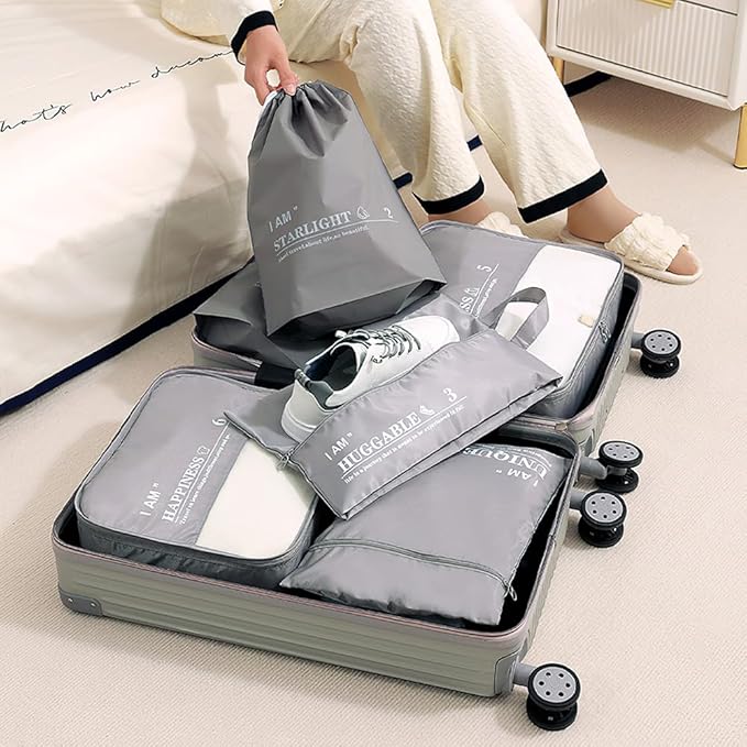 Omnpak 6 Set Packing Cubes Luggage Organizer Bags for Travel Accessories, Suitcase Organizer Bags Set Durable Lightweight with Shoe Bag Waterproof Drawstring Bag