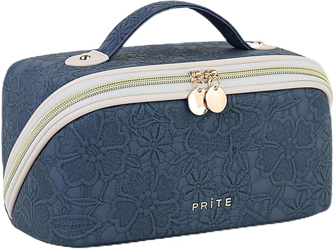 Prite Makeup Bag for Women Travel Waterproof Vegan Leather Cosmetic Bag Open Flat Toiletry Bag With Clear Divider and Handle (Large Blue Flower)