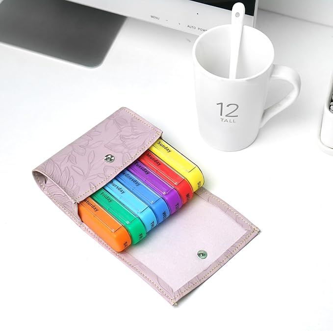 Pill Organizer,LIZIMANDU Weekly Travel Pill Case Box Medication Reminder Daily AM PM, Day Night 7 Compartments,for 4 Times A Day, 7 Days a Week-Includes Leather PU Carrying Case(1-Carved Purple)