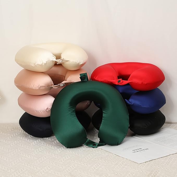 100% Mulberry Silk Neck Pillow for Travel 22 Momme Real Silk Travel Pillow for Pain Relief Sleeping, Silk Airplane Pillow, Anti Wrinkle Travel Pillow Made in USA (Emerald Green)