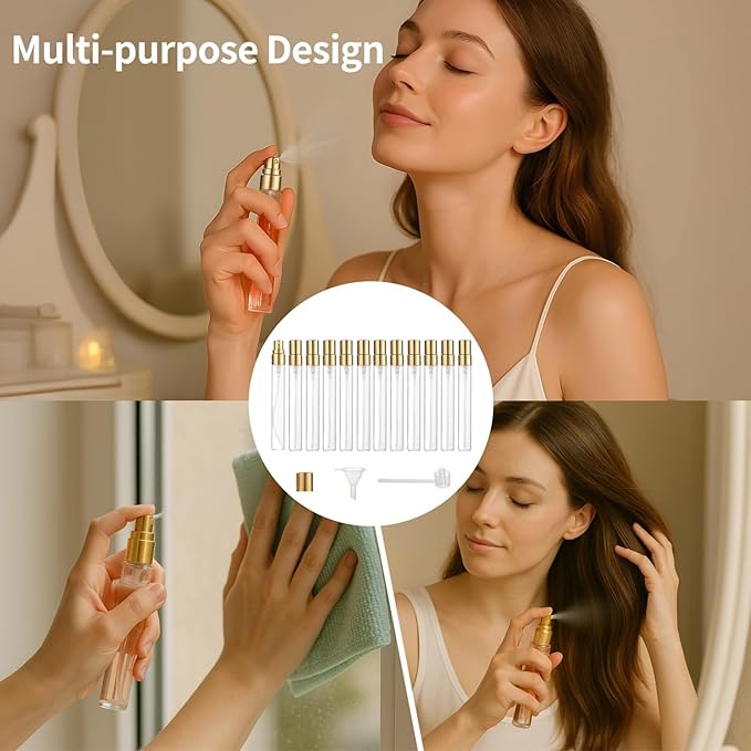 50 Pcs 10 ml Perfume Bottles - Refillable Glass Mini Spray Bottles, Portable Travel Sample Containers, Fine Mist Atomizers with Caps, Includes 2 Funnels and 2 Dispensers, Ideal for Liquids, Gold