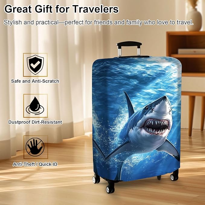 Luggage Cover Protector for 30-32 Inch Suitcases, TSA Approved Elastic Travel Suitcase Covers, Anti-Scratch Washable Luggage Sleeve for Carry On & Checked Bags, White Shark