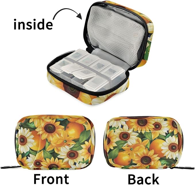 Pill Organizer Box Case Weekly Travel Pill Container Holder 7Day Cute Vitamin Organizer Dispenser Sorter Planner Storage Small Compact Oranges Sunflowers and Fruits09