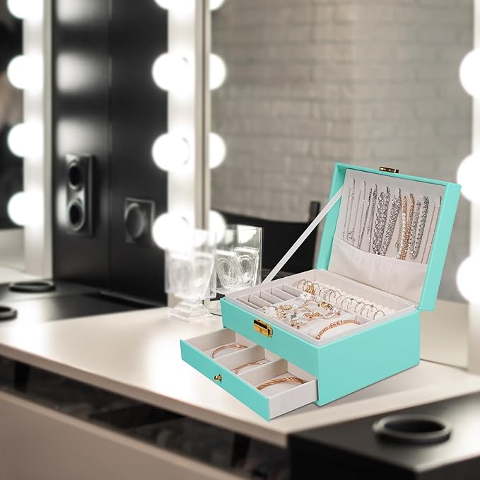 GUOER Jewelry Box for Women Girl Wife - Large PU Leather Jewelry Organizer Storage Case with Two Layers Display for Earrings Bracelets Rings Watches (Teal)