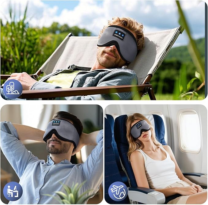 3D Sleep Mask with Bluetooth Headphones, Sleeping Headphones for Side Sleepers, Wireless Music Eye Mask with Ultra-Thin Stereo Speakers for Men, Women, Tech Gifts, Grey