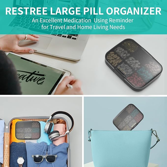 Restree Large Pill Organizer, Moisture Proof & Waterproof Travel Pill Case, Portable Medication Box with Adjustable Dividers for Vitamins Supplements Fish Oil and Daily Pills 9 Compartments (Black)