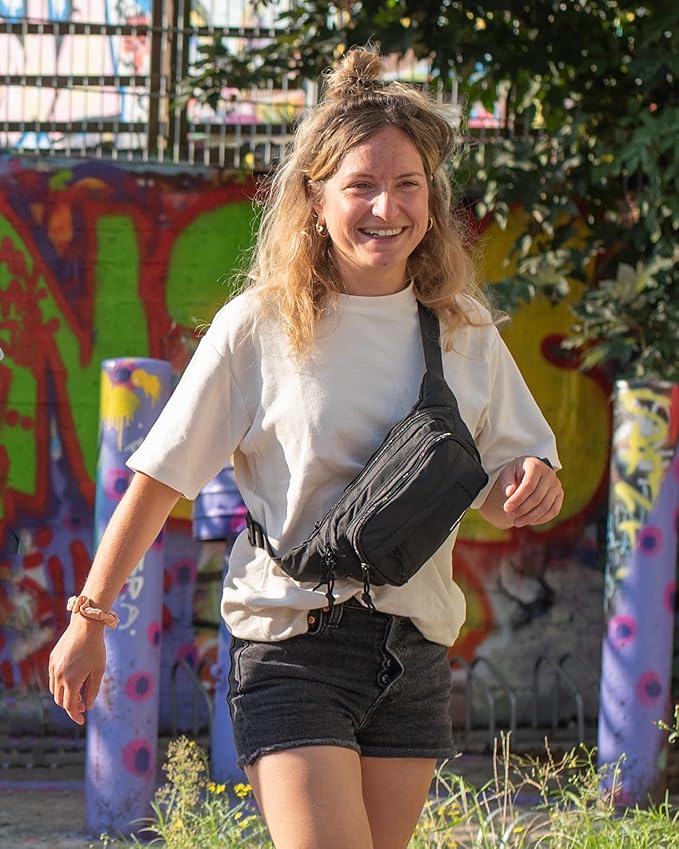 WATERFLY Fanny Pack Waist Packs: Large Crossbody Fanny Packs for Women Men with 5 Zipper Pockets Adjustable Strap Waist Bags Hip Pack for Traveling Cycling Running Hiking-Black