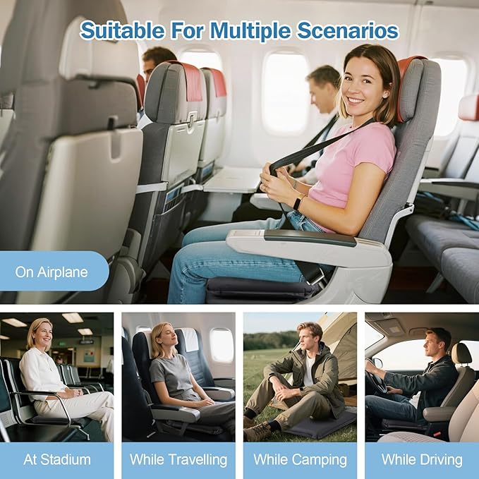 Larger Self-Inflating Airplane Seat Cushion for Long Flights – Portable Travel Cushion Airplane Seat - Memory Foam Travel Seat Cushion Providing Pressure Relief(Grey)