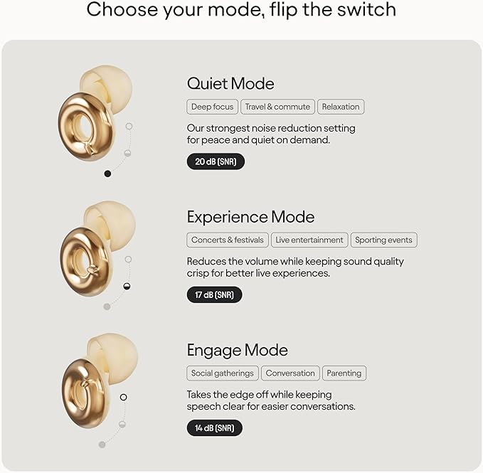 Loop Switch 2 Adjustable Ear Plugs – 3 Noise Relief Modes for Ultimate Control | Flexible Noise Reduction Earplugs for Focus, Travel, Socializing, Festivals & More | 20-26 dB (SNR) Noise Reduction