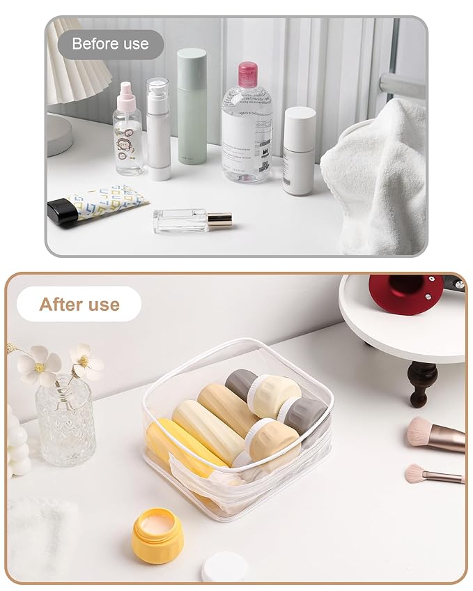 Travel Size Toiletries 8 Pack, TSA Approved 3oz/1oz Silicone Squeezable Creams Jars with Clear Travel Bag