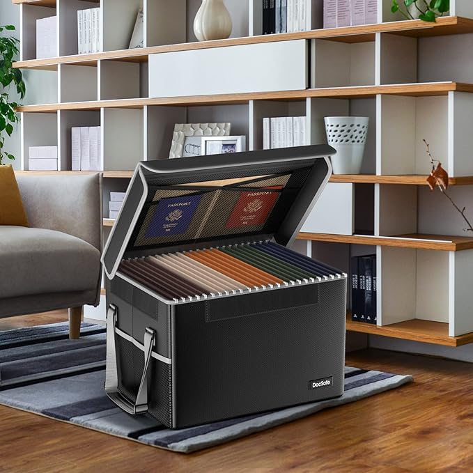 DocSafe File Box Fireproof File Storage Organizer with Lid,Collapsible Document Storage Filing Case for Hanging Letter/Legal Folders,Portable Home Office Safe Cabinet with Handle,Black