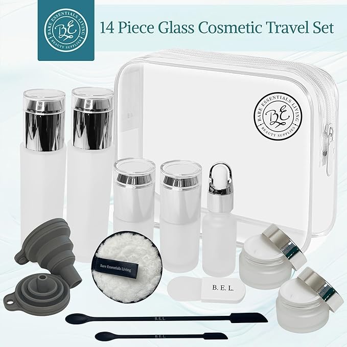 14 Pcs Travel Skincare Containers Set-TSA Approved Toiletry Bag & Glass Travel Bottles for Toiletries Pump, Spray & Dropper Bottles Travel Size Containers for Foundation, Serum Moisturizer Oil & Cream